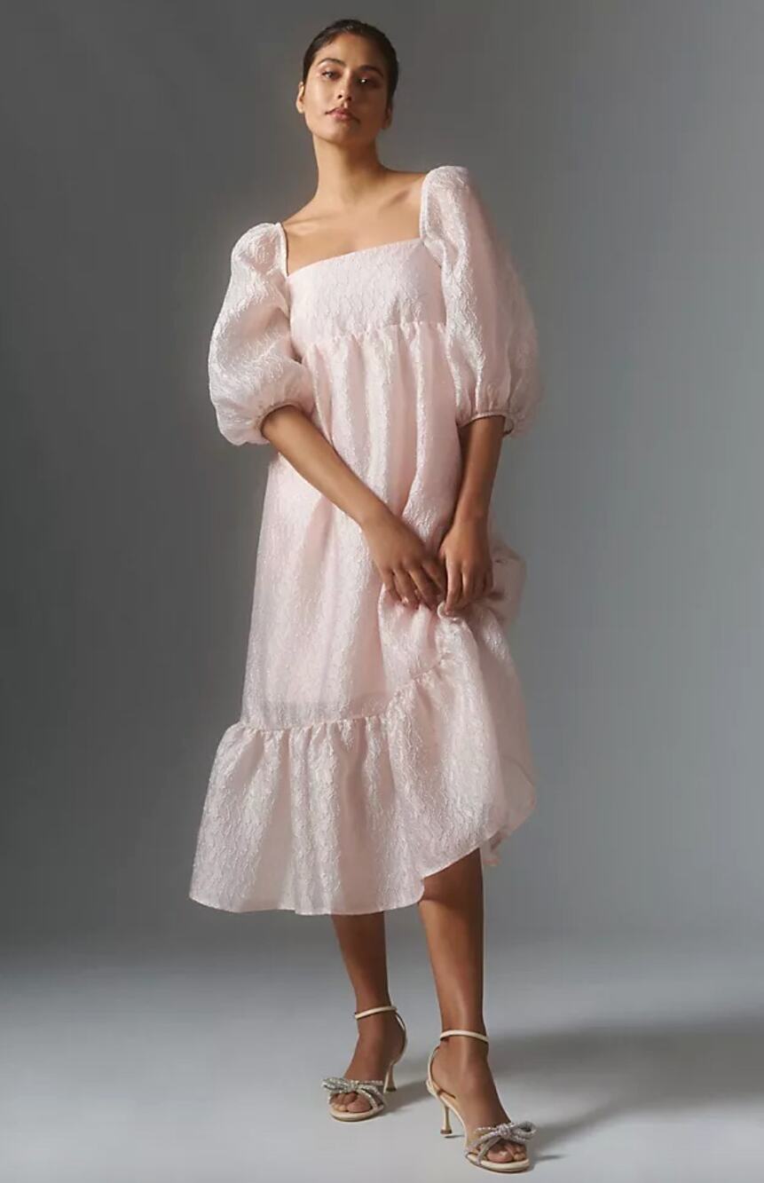 Anthropologie Textured Puff Sleeve Midi Dress Blush Pink Smocked A Line S NWT